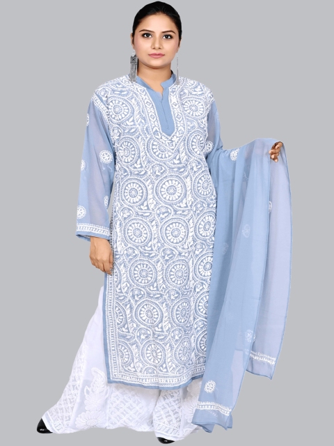 

FAWOMENT Women Grey Floral Embroidered Pleated Kurti with Skirt & With Dupatta