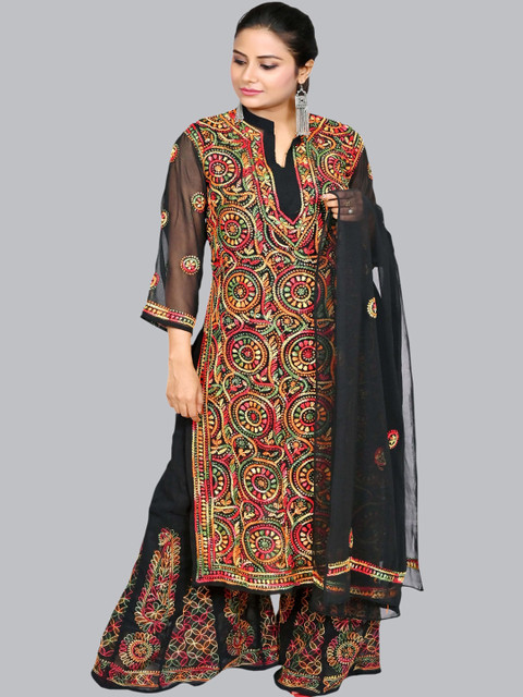 

FAWOMENT Women Black Embroidered Panelled Kurti with Skirt & With Dupatta