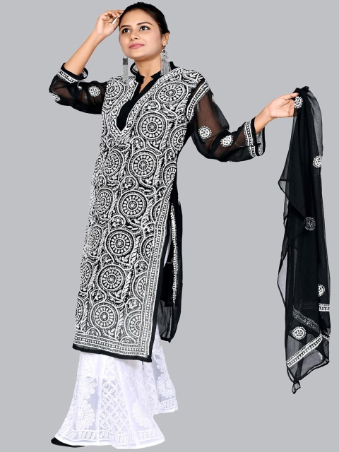 

FAWOMENT Women Black Ethnic Hand Embroidered Straight Kurta Sharara & Dupatta With Slip