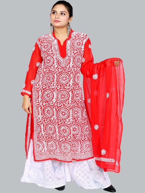 

FAWOMENT Women Red Ethnic Motifs Embroidered Chikankari Kurta with Palazzos & With Dupatta