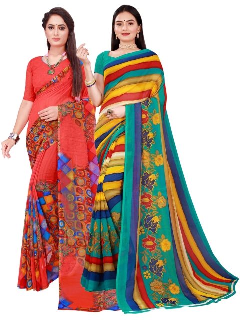 

SAADHVI Pink & Multicoloured Striped Pack of 2 Pure Georgette Saree