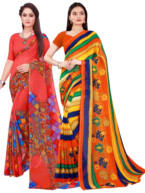 

SAADHVI Red & Multicoloured Striped Pack of 2 Pure Georgette Saree