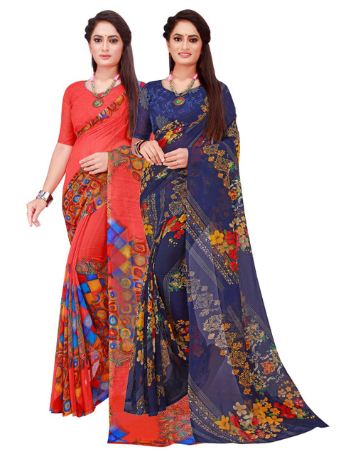 

SAADHVI Red & Navy Blue Floral Pack of 2 Pure Georgette Saree