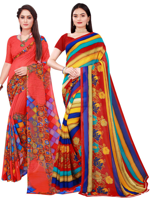 

SAADHVI Red & Multicoloured Striped Pack of 2 Pure Georgette Saree