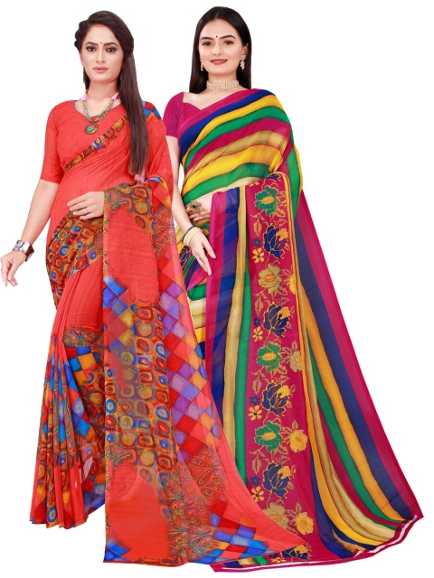 

SAADHVI Red & Multicoloured Striped Pack of 2 Pure Georgette Saree