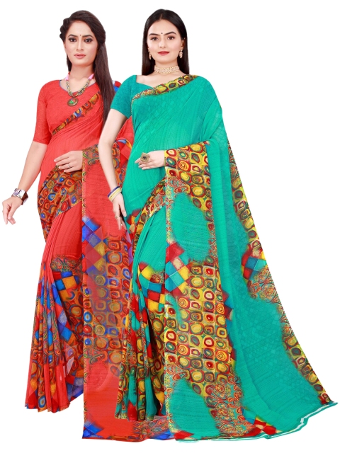

SAADHVI Red & Green Geometric Pack Of 2 Pure Georgette Saree