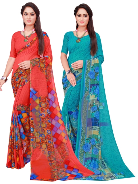 

SAADHVI Turquoise Blue & Pink Geometric Pack Of 2 Pure Georgette Saree