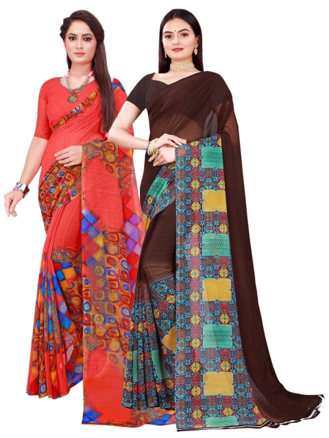 

SAADHVI Brown & Red Geometric Pack Of 2 Pure Georgette Saree