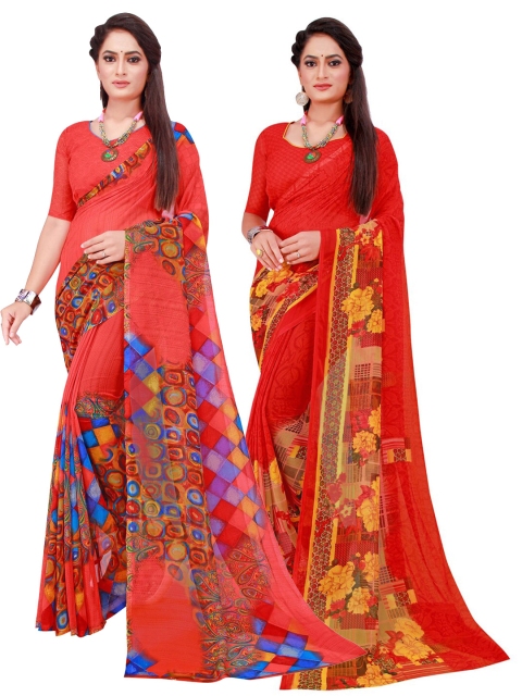 

SAADHVI Red & Pink Geometric Pack Of 2 Pure Georgette Saree