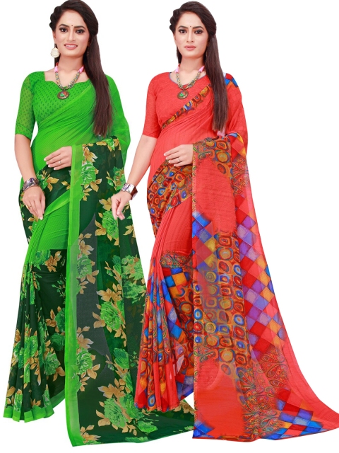 

SAADHVI Red & Green Floral Pack Of 2 Pure Georgette Saree