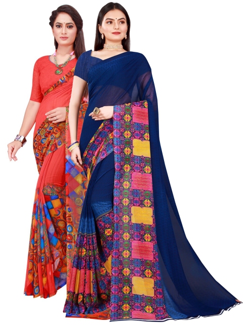 

SAADHVI Red & Navy Blue Geometric Pack Of 2 Pure Georgette Saree