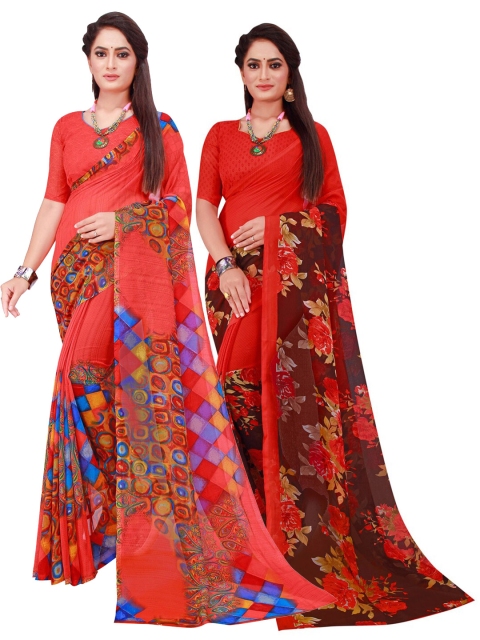 

SAADHVI Red & Maroon Floral Pack Of 2 Pure Georgette Saree