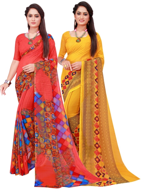 

SAADHVI Yellow & Red Pure Georgette Saree
