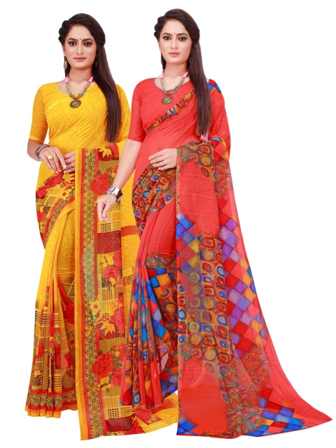 

SAADHVI Yellow & Red Geometric Pack Of 2 Pure Georgette Saree