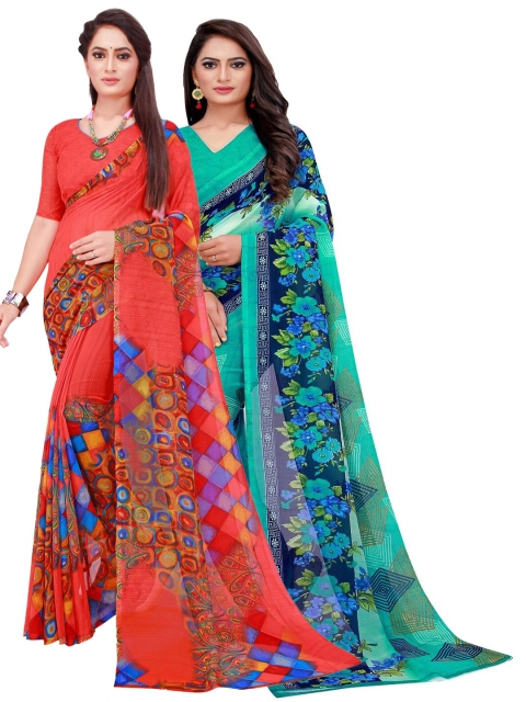 

SAADHVI Turquoise Blue & Red Floral Pack Of 2 Pure Georgette Saree