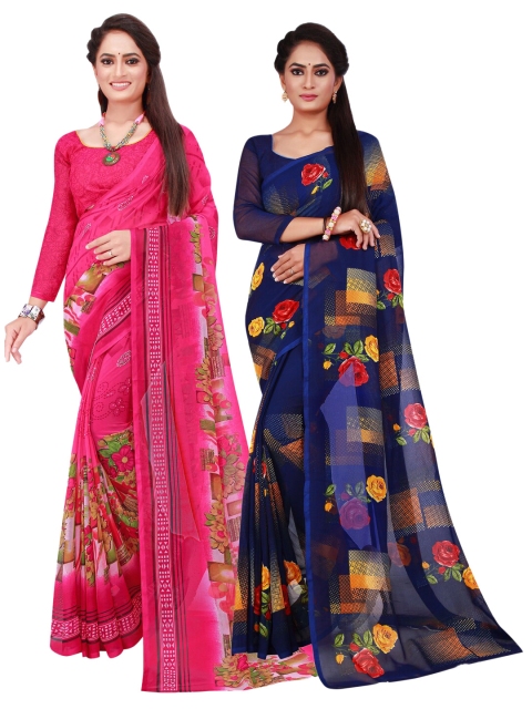 

SAADHVI Pink & Blue Floral Pack Of 2 Pure Georgette Saree