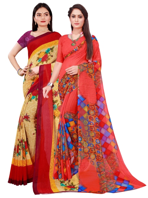 

SAADHVI Beige & Red Geometric Pack Of 2 Pure Georgette Saree