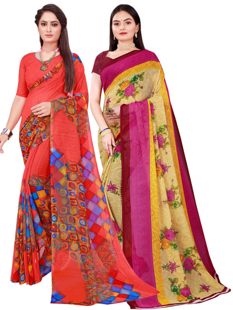 

SAADHVI Red & Yellow Geometric Pack Of 2 Pure Georgette Saree
