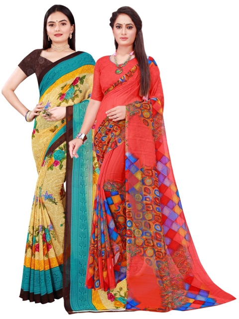 

SAADHVI Red & Beige Floral Pack of 2 Pure Georgette Saree