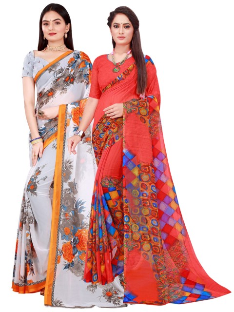 

SAADHVI Red & White Floral Pack of 2 Pure Georgette Saree