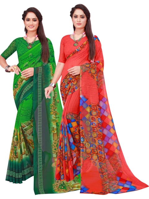 

SAADHVI Red & Green Geometric Pack of 2 Pure Georgette Saree