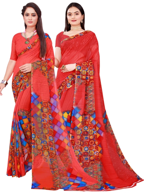

SAADHVI Red & Pink Geometric Pack of 2 Pure Georgette Saree