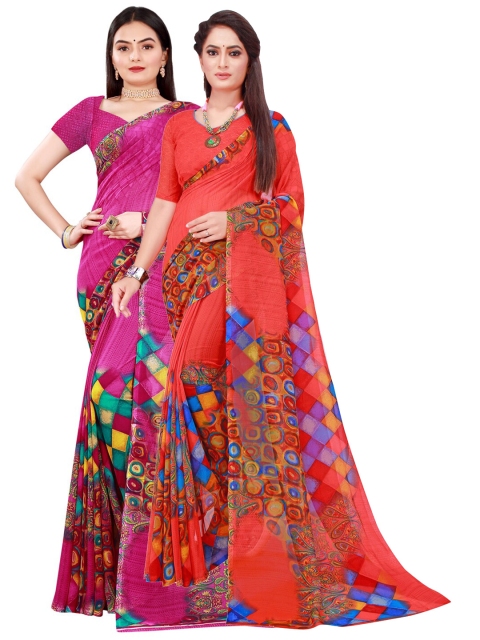 

SAADHVI Magenta & Blue Geometric Pack of 2 Pure Georgette Saree
