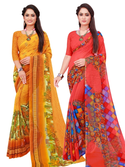 

SAADHVI Red & Yellow Geometric Pack of 2 Pure Georgette Saree