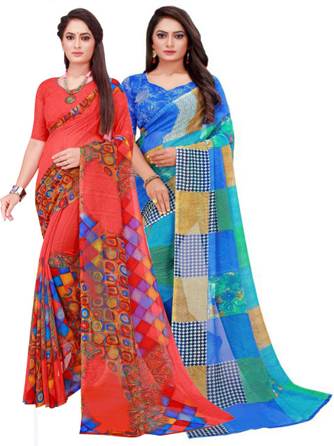 

SAADHVI Blue & Red Floral Pure Georgette Saree