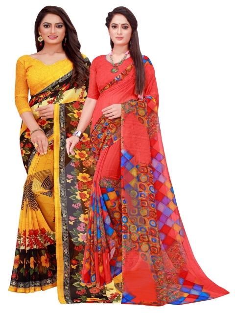 

SAADHVI Yellow & Red Floral Pack of 2 Pure Georgette Saree