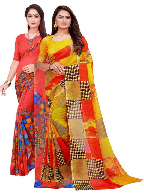 

SAADHVI Red & Yellow Geometric Pack of 2 Pure Georgette Saree