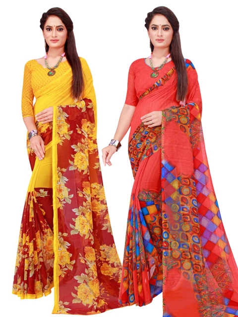 

SAADHVI Red & Yellow Floral Pack of 2 Pure Georgette Saree