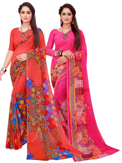 

SAADHVI Magenta & Red Geometric Pack of 2 Pure Georgette Saree