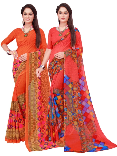 

SAADHVI Orange & Red Pure Georgette Saree
