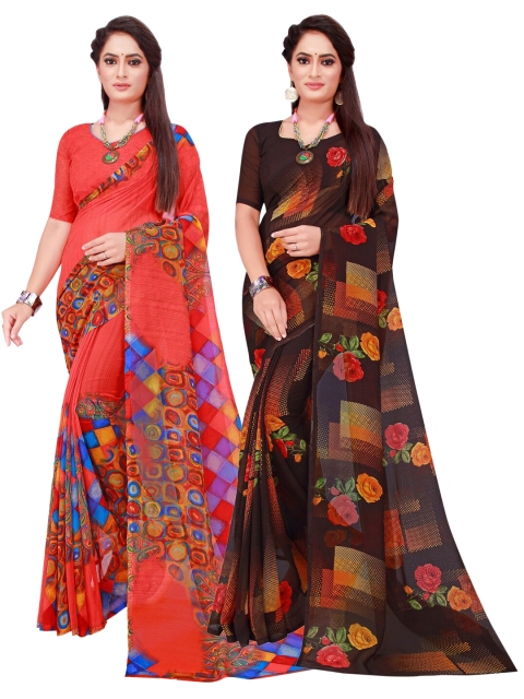 

SAADHVI Red & Navy Blue Floral Pack of 2 Pure Georgette Saree