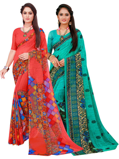 

SAADHVI Red & Turquoise Blue Geometric Pack of 2 Pure Georgette Saree