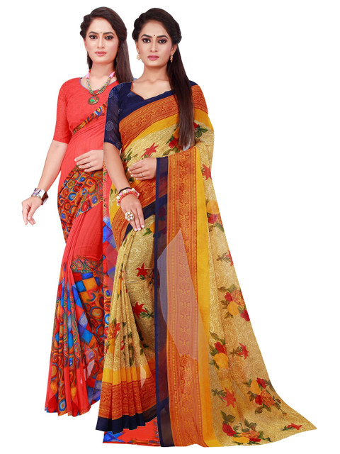 

SAADHVI Red & Beige Floral Pack of 2 Pure Georgette Saree