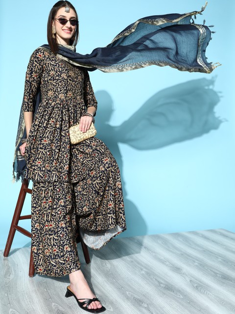 

ZOLA Women Navy Blue Ethnic Motifs Printed Empire Kurta with Sharara & With Dupatta