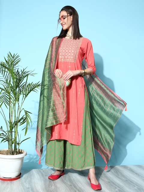 

ZOLA Women Pink Floral Yoke Design Thread Work Kurta with Palazzos & With Dupatta