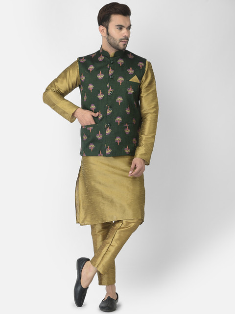

DEYANN Men Green & Gold Kurta with Pyjamas & With Nehru Jacket