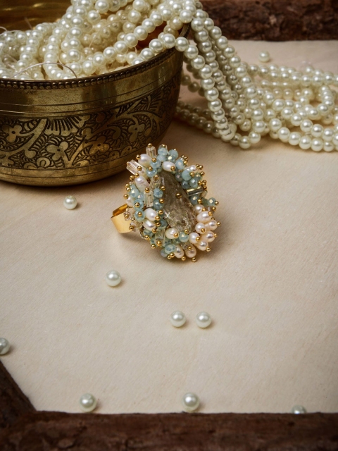 

D'oro Gold-Plated White & Blue Stone studded & Beaded Handcrafted Finger Ring