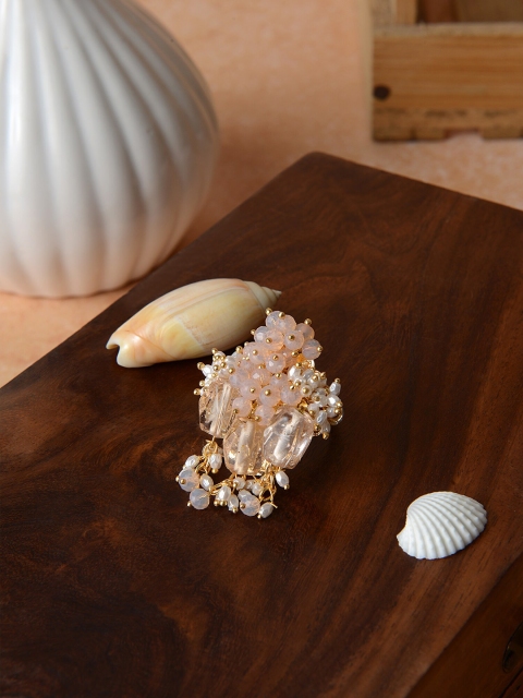 

D'oro Gold-Plated Beige Vintage Theme Adjustable Finger Ring, Peach