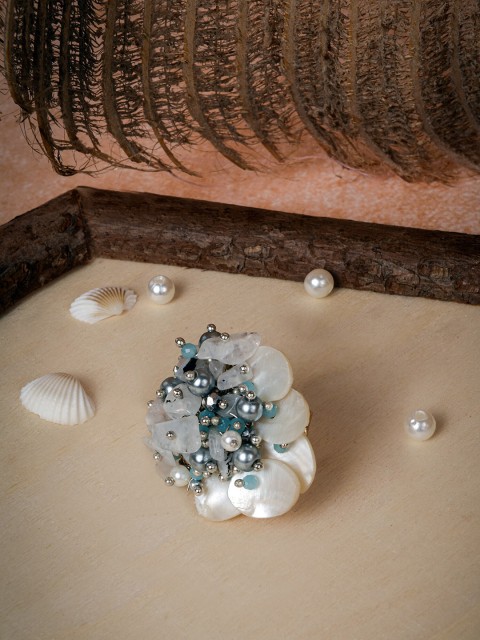 

D'oro Gold-Plated White & Blue Beaded Handcrafted Finger Ring