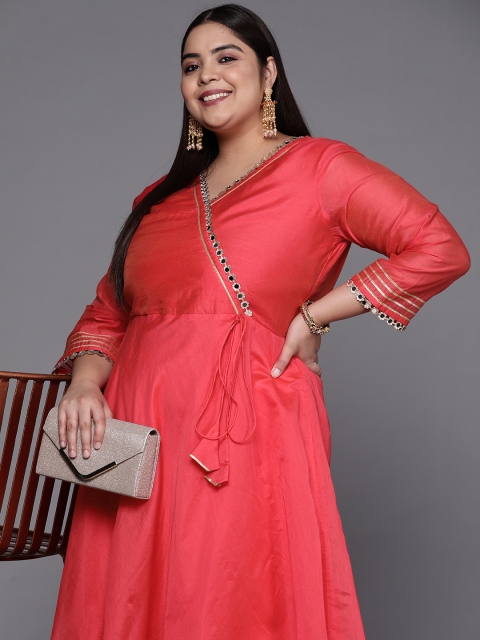 

INDDUS PLUS Women Coral Red Mirror Work Tie-Up Detail A-Line Kurta