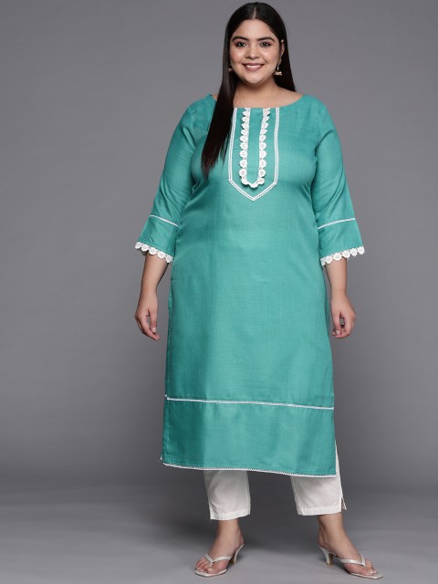

INDDUS PLUS Women Sea Green Solid Yoke Design Lace Inserts Straight Kurta