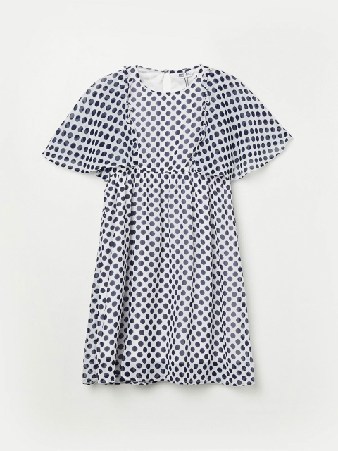 

Fame Forever by Lifestyle Navy Girls Blue & White Polka Dot Printed Flared Sleeves Dress, Navy blue