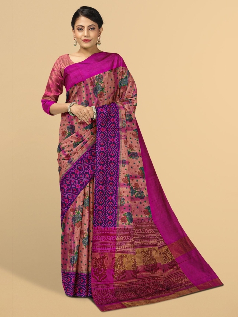 

Kalamandir Pink & Green Floral Printed Tissue Saree