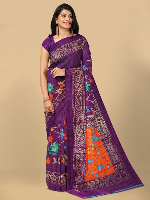 

Kalamandir Purple & Orange Floral Jute Silk Saree
