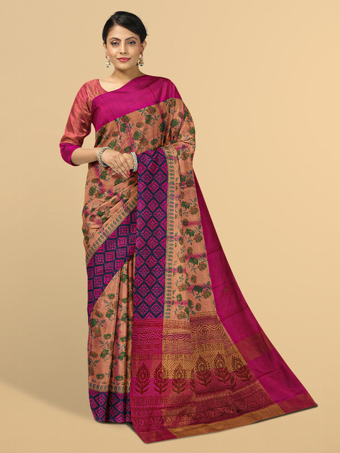 

Kalamandir Pink & Green Floral Zari Tissue Saree