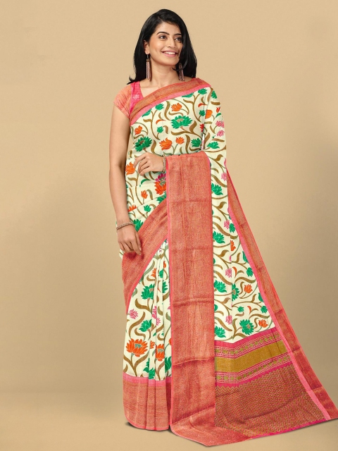

Kalamandir Cream-Coloured & Green Floral Zari Linen Blend Saree